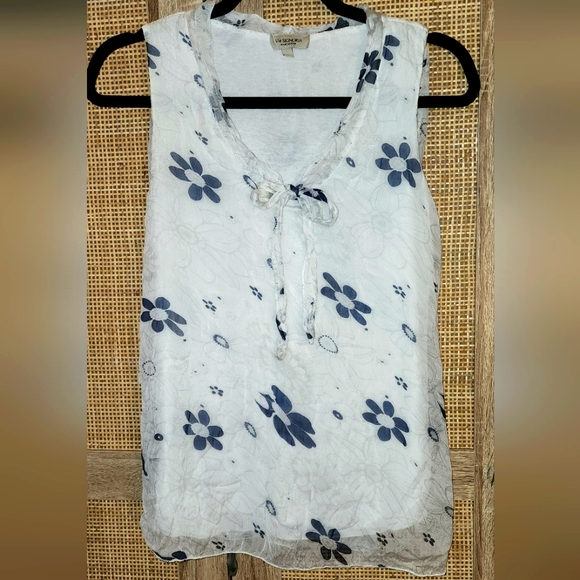 Via Signoria Italian 100% silk, lined, sleeveless top, white & blue, size small - Picture 1 of 8